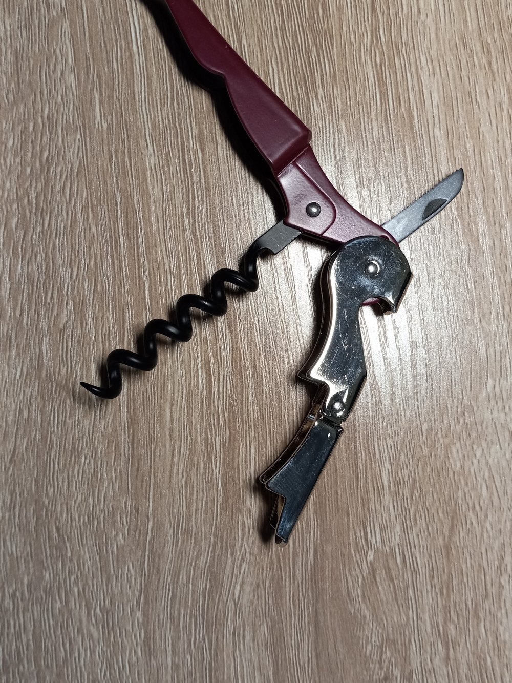 Classic Two-Step Corkscrew Bottle Opener - Burgundy and Silver